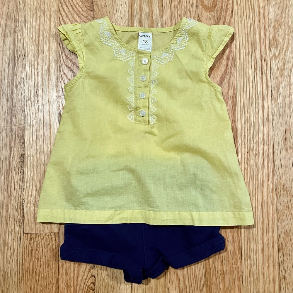 Carter’s Yellow Embellished Top with Soft Navy Blue Shorts - Size 18 Months